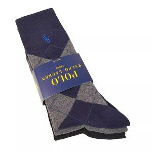 Polo Ralph Lauren Men's Dress Socks 3 Pack Argyle & Solid Navy Combo Size 10-13